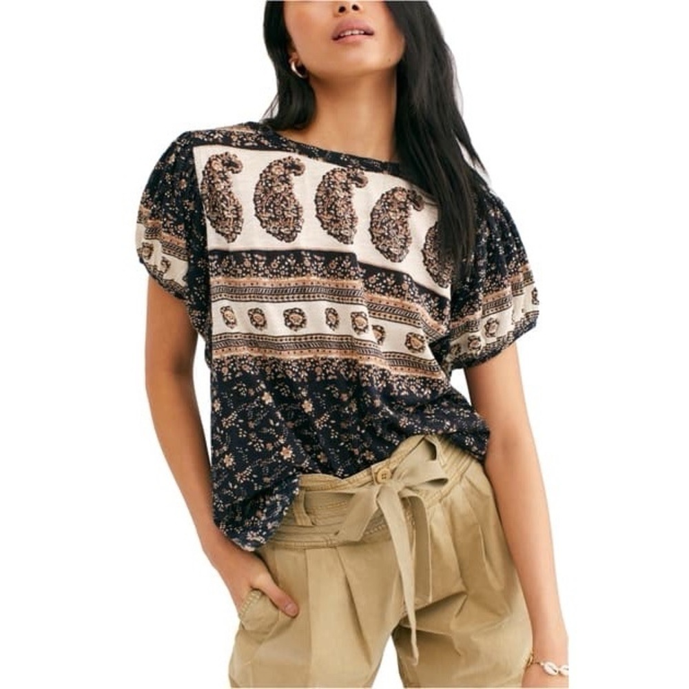 Free People Paisley Tee Shirt Blouse Black Brown XS